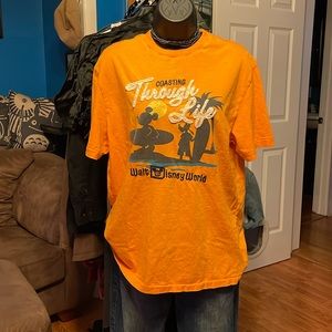 Orange “Costing Through Life” Walt Disney World tee w/Mickey & Goofy